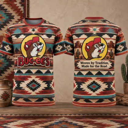 Buc-ee's Red Turquoise Geometric T-Shirt for Road Trip Fans Who Love Southwest Patterns NDN flat front and back