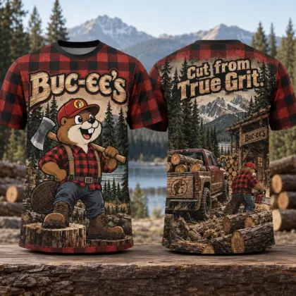 Buc-ee's Lumberjack Red Plaid T-Shirt For Outdoorsmen Who Are Cut From True Grit NDN flat front and back