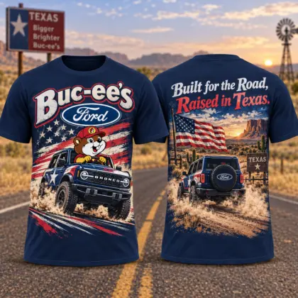 Buc-ee's Ford Blue Truck T-Shirt For Texas Road Trippers Taking The Scenic Route NDN flat front and back