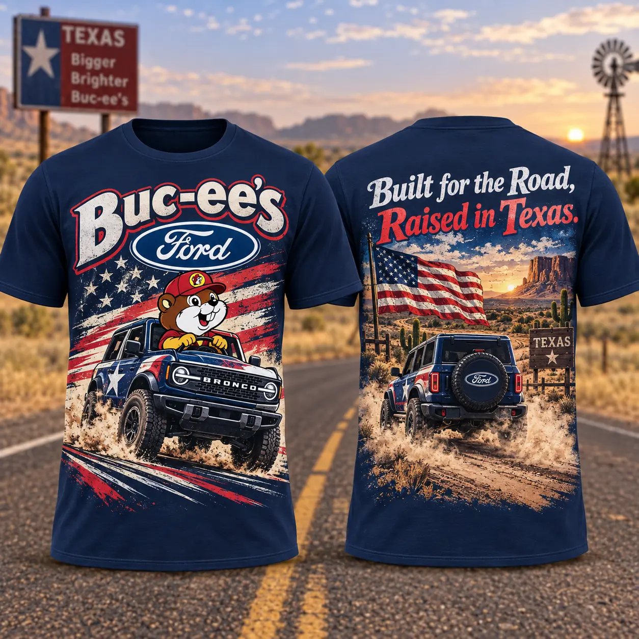 Buc-ee's Ford Blue Truck T-Shirt For Texas Road Trippers Taking The Scenic Route NDN flat front and back
