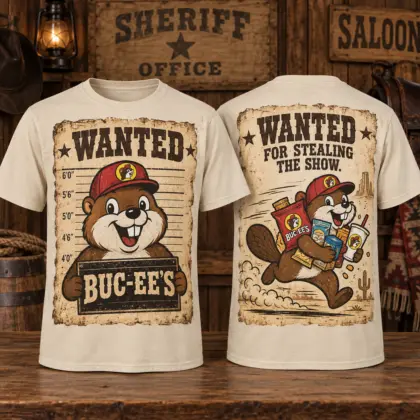 Buc-ee's Wanted Poster Beaver T-Shirt for Roadside Characters Ready to Steal the Show NDN flat front and back