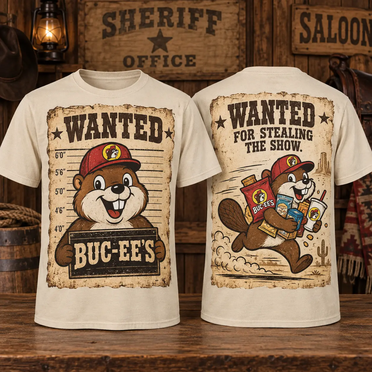 Buc-ee's Wanted Poster Beaver T-Shirt for Roadside Characters Ready to Steal the Show NDN flat front and back