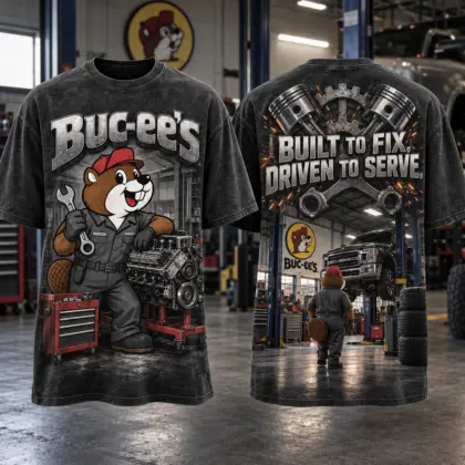 Buc-ee's Mechanic Gray Workshop T-Shirt For Gearheads Who Keep The Good Times Running NDN flat front and back