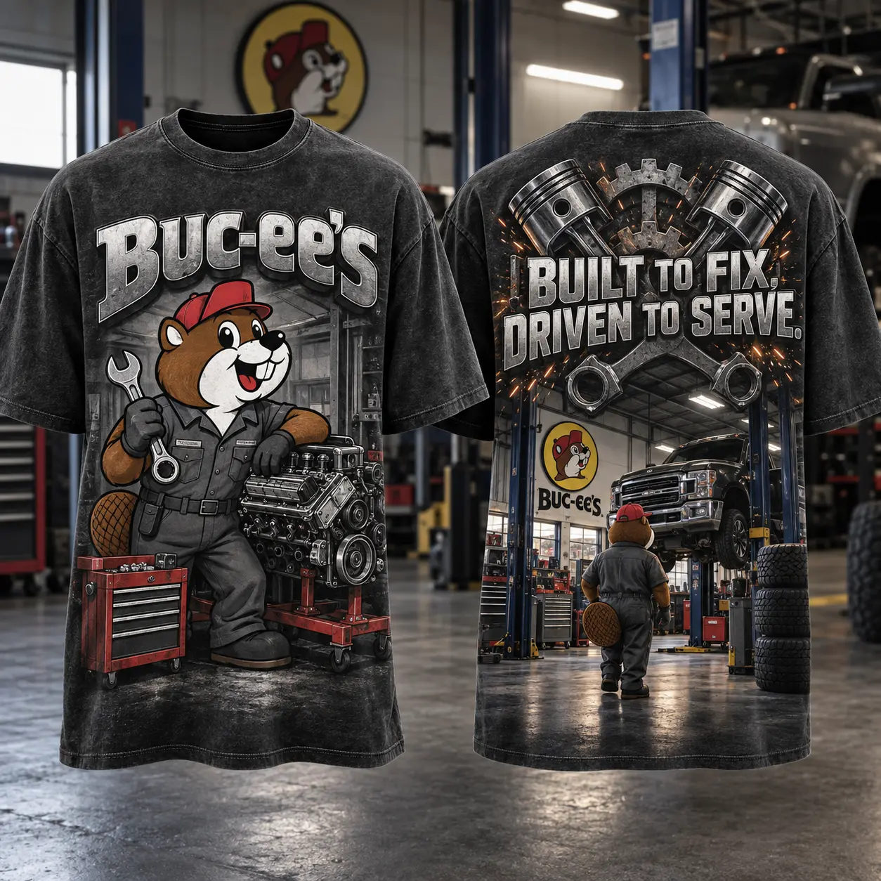 Buc-ee's Mechanic Gray Workshop T-Shirt For Gearheads Who Keep The Good Times Running NDN flat front and back