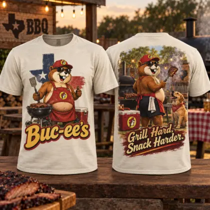 Buc-ee's Backyard Barbecue Grill T-Shirt for Weekend Cooks Who Grill Hard and Snack Harder NDN flat front and back