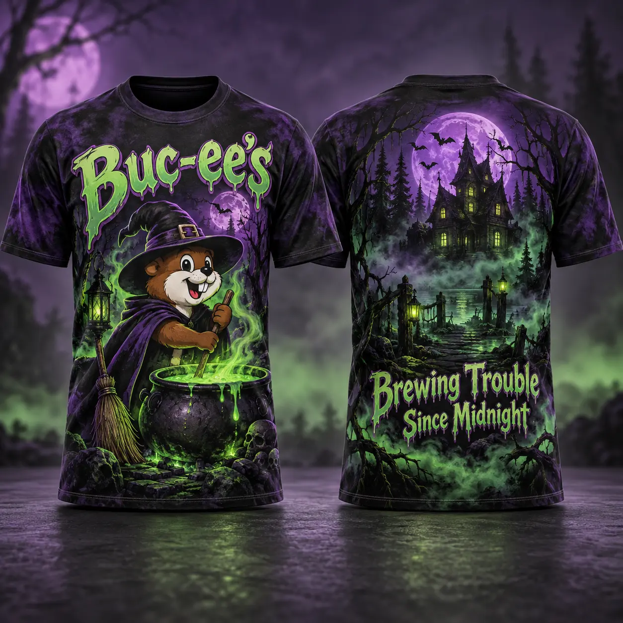 Buc-ee's Witch Purple Cauldron T-Shirt For Halloween Fans Brewing Trouble After Midnight NDN flat front and back