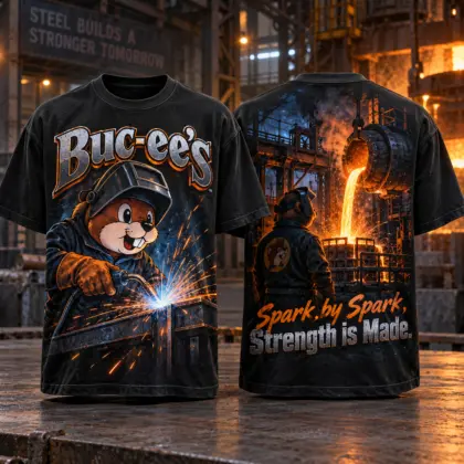 Buc-ee's Welder Orange Sparks T-Shirt For Makers Who Build Their Strength Spark By Spark NDN flat front and back