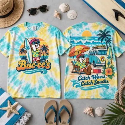 Buc-ee's Surf Beaver Tie Dye T-Shirt for Beach Days Catching Waves and Snacks NDN flat front and back