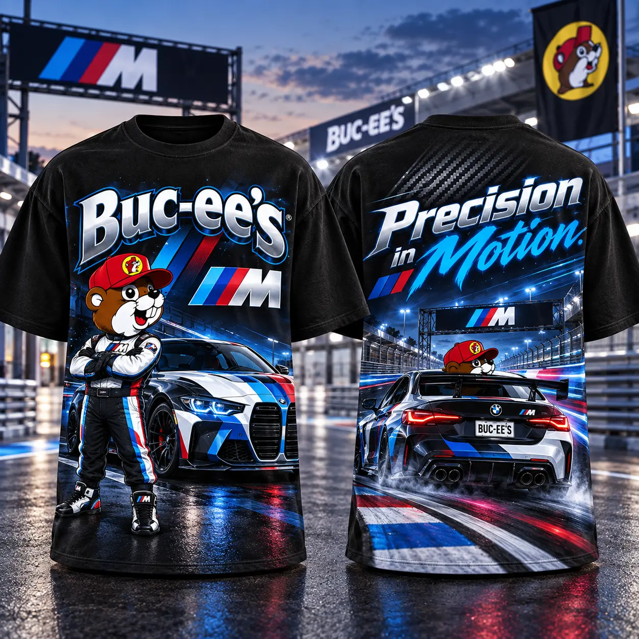 Buc-ee's BMW Blue Performance T-Shirt For Drivers Finding Joy In Precision And Motion NDN flat front and back