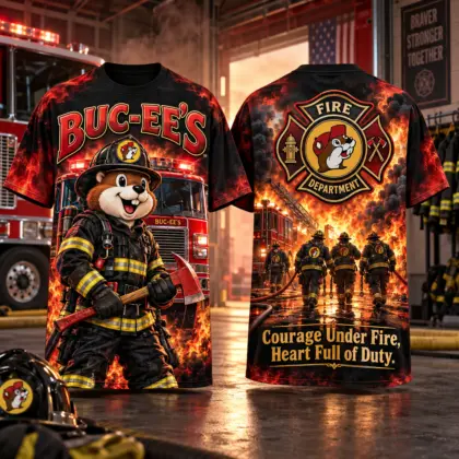 Buc-ee's Firefighter Flame Graphic T-Shirt For Everyday Heroes With A Heart For Service NDN flat front and back