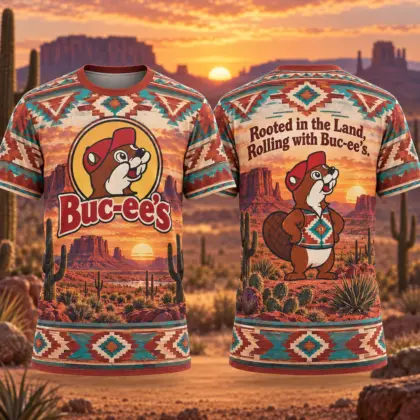 Buc-ee's Desert Sunset Geometric 3D Shirt for Travelers Rooted in the Open Road NDN flat front and back
