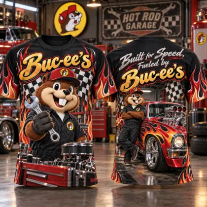 Buc-ee's Hot Rod Flames Garage 3D Shirt for Classic Car Fans Built for Speed and Snacks NDN flat front and back