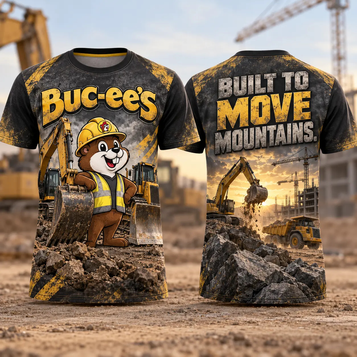Buc-ee's Construction Yellow Excavator T-Shirt For Hard Workers Ready To Move Mountains Together NDN flat front and back