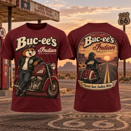 Buc-ee's Indian Motorcycle Burgundy T-Shirt For Riders Who Follow The Road Beyond Town NDN flat front and back