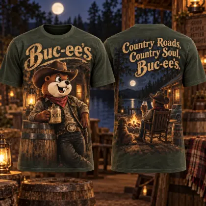 Buc-ee's Country Cabin Moonlight 3D Shirt for Quiet Evenings Along Your Favorite Backroads NDN flat front and back