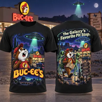 Buc-ee's Alien Spaceship Night Sky T-Shirt for Galactic Travelers Seeking Their Favorite Pit Stop NDN flat front and back