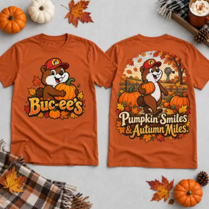 Buc-ee's Pumpkin Beaver Autumn T-Shirt for Fall Miles and Harvest Road Smiles NDN flat front and back