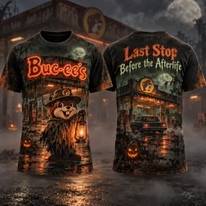 Buc-ee's Haunted Gas Station T-Shirt For Halloween Travelers Making One Last Stop Tonight NDN flat front and back