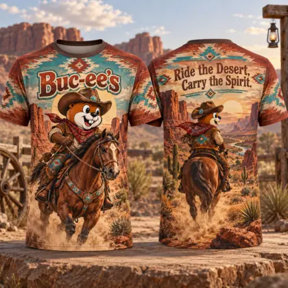 Buc-ee's Horseback Cowboy Desert 3D Shirt for Riders Carrying That Southwest Adventure Spirit NDN flat front and back