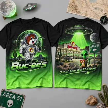 Buc-ee's Area 51 Astronaut Beaver T-Shirt for Fans of Out of This World Stops NDN flat front and back