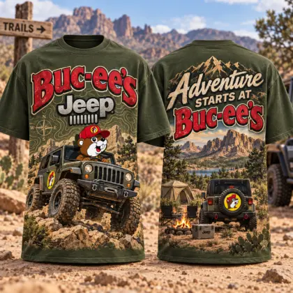 Buc-ee's Jeep Olive Adventure T-Shirt For Explorers Who Take The Trail Less Traveled NDN flat front and back