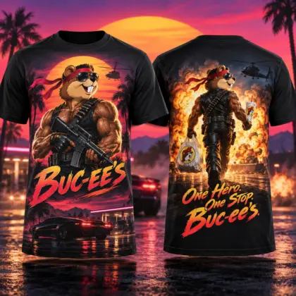 Buc-ee's Sunset Action Hero 3D Shirt for Fans of Explosive Retro Road Adventures NDN flat front and back