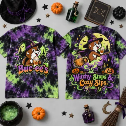 Buc-ee's Witch Beaver Tie Dye T-Shirt for Spooky Nights and Cozy Roadside Sips NDN flat front and back
