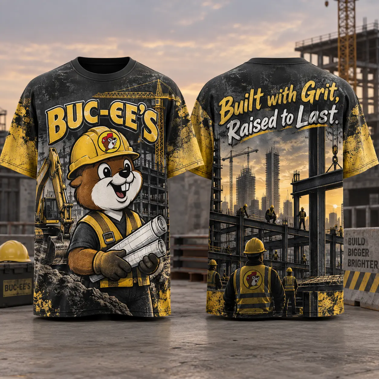 Buc-ee's Construction Grit Graphic T-Shirt For Builders Who Take Pride In Work That Lasts NDN flat front and back