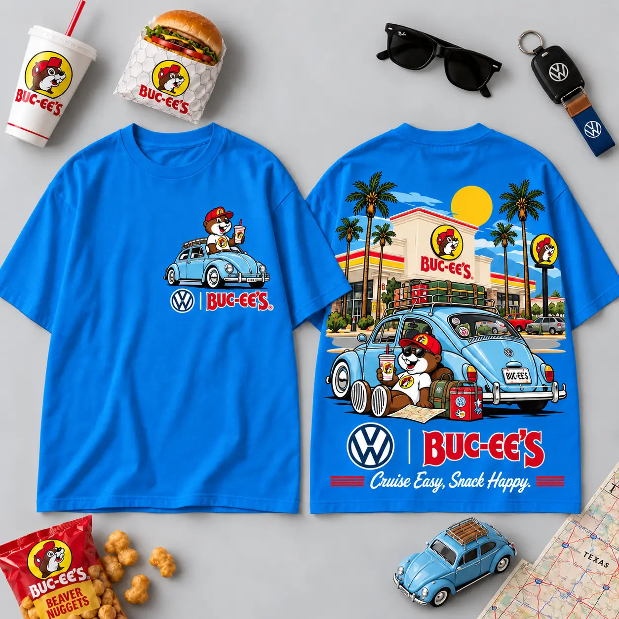 Buc-ee's Volkswagen Beetle Road Trip T-Shirt For Those Who Cruise Easy And Snack Happy NDN - Image 33