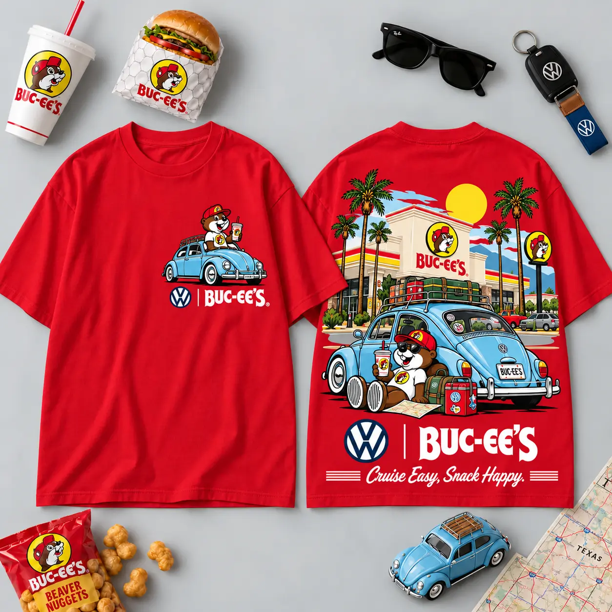 Buc-ee's Volkswagen Beetle Road Trip T-Shirt For Those Who Cruise Easy And Snack Happy NDN - Image 32