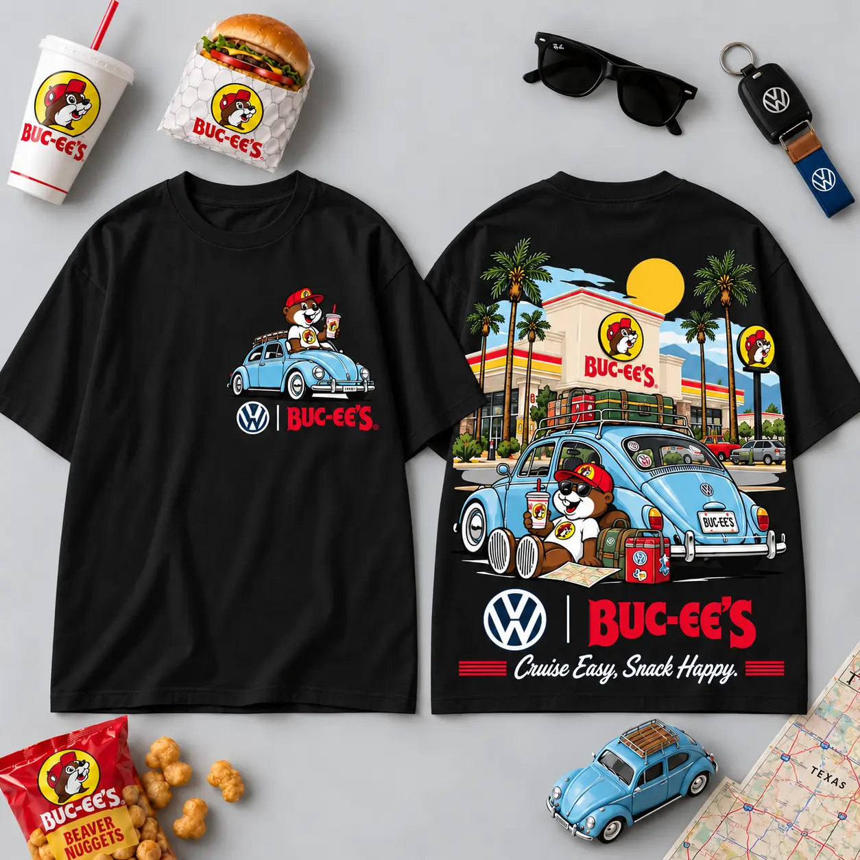 Buc-ee's Volkswagen Beetle Road Trip T-Shirt For Those Who Cruise Easy And Snack Happy NDN - Image 31