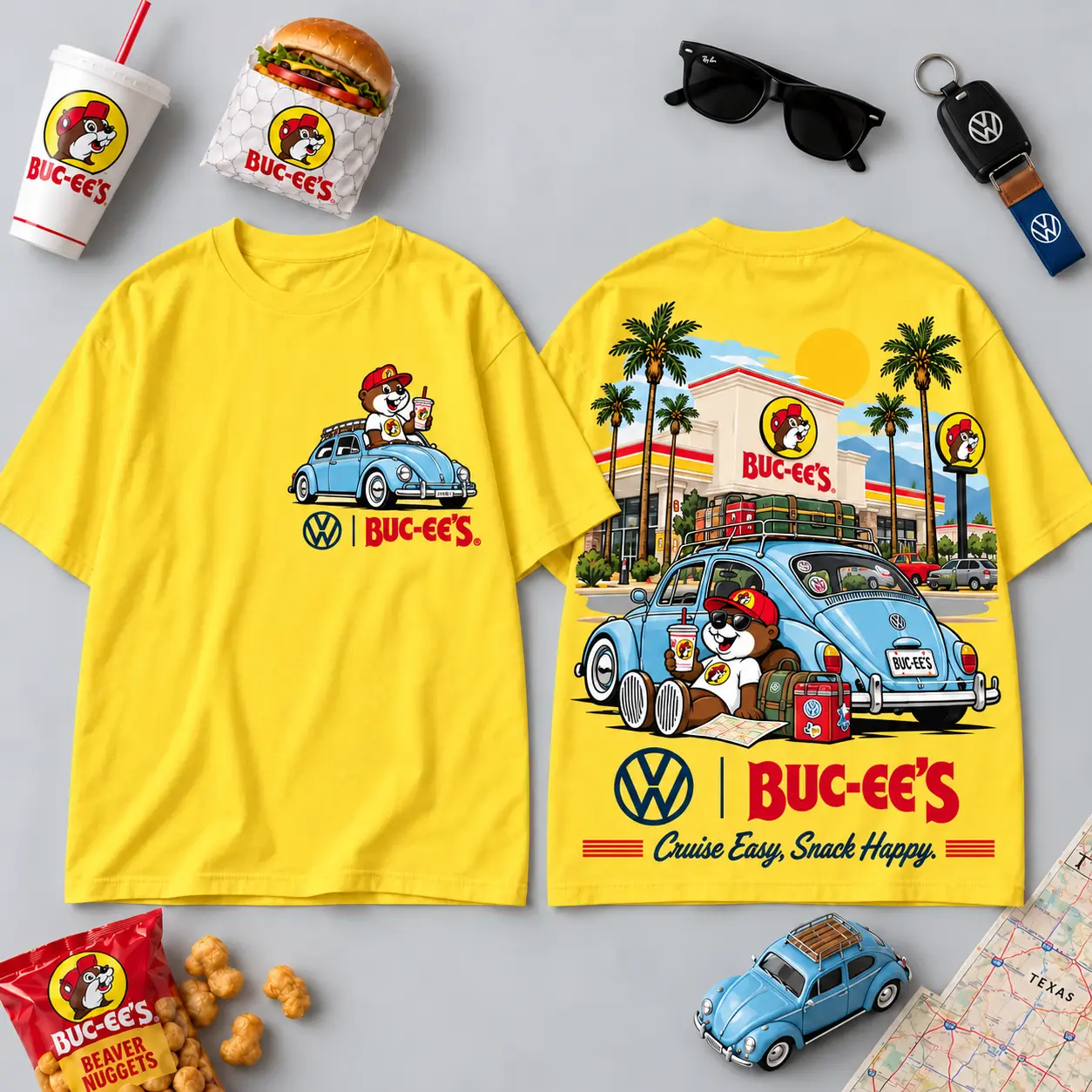 Buc-ee's Volkswagen Beetle Road Trip T-Shirt For Those Who Cruise Easy And Snack Happy NDN - Image 30