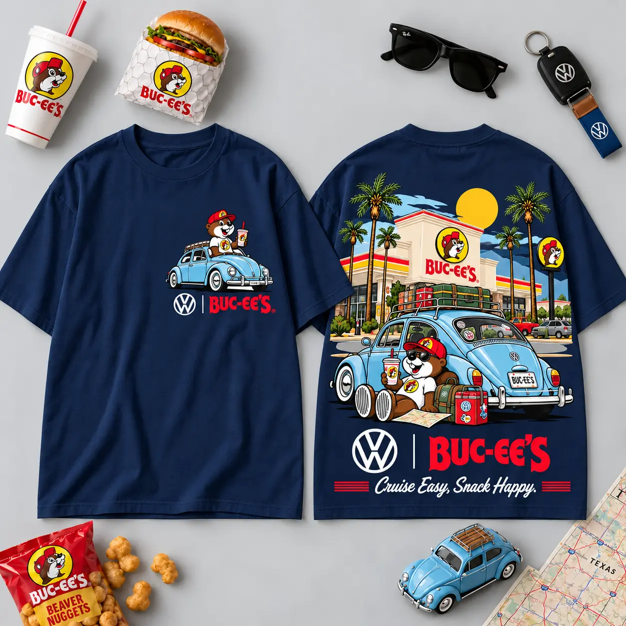 Buc-ee's Volkswagen Beetle Road Trip T-Shirt For Those Who Cruise Easy And Snack Happy NDN - Image 29