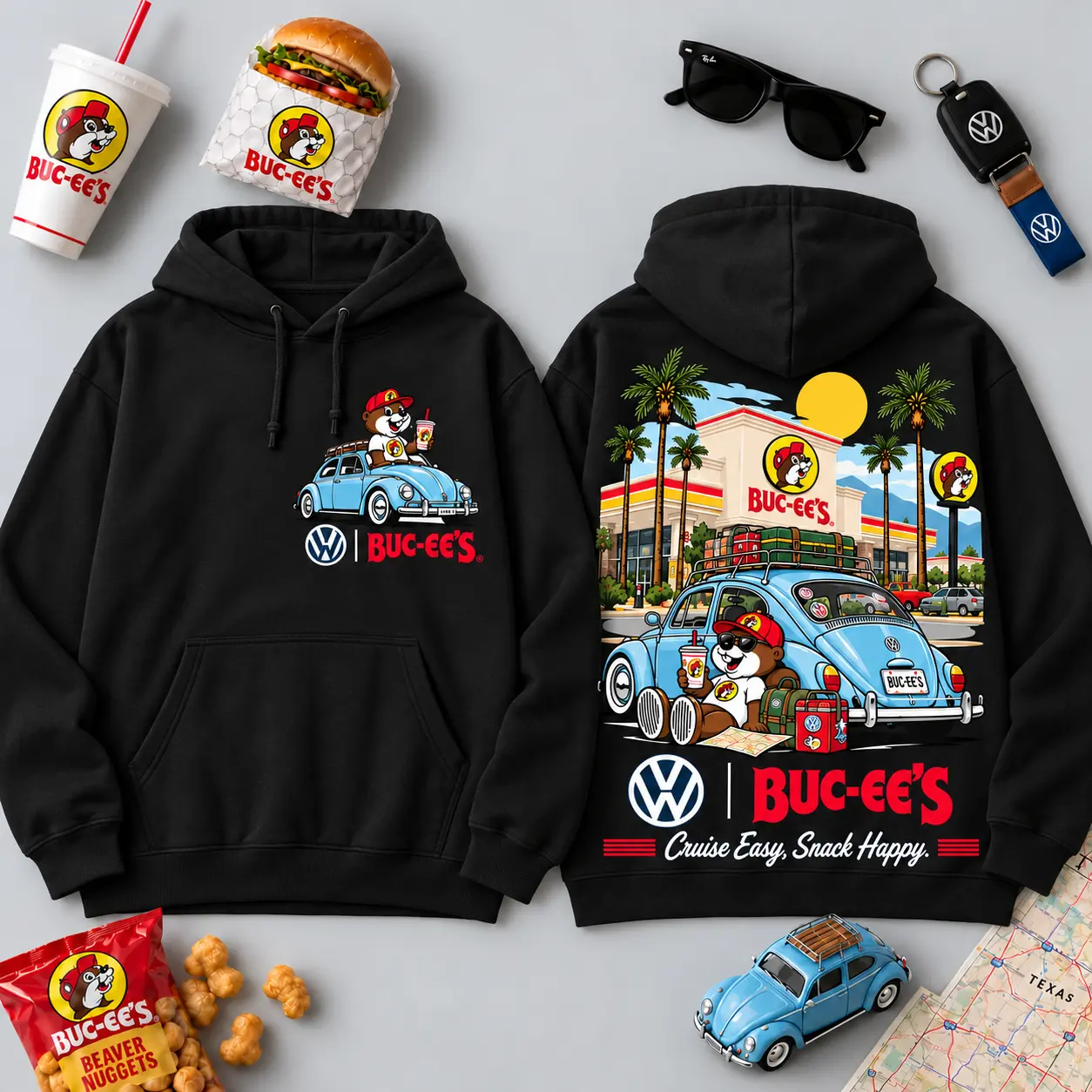 Buc-ee's Volkswagen Beetle Road Trip T-Shirt For Those Who Cruise Easy And Snack Happy NDN - Image 25