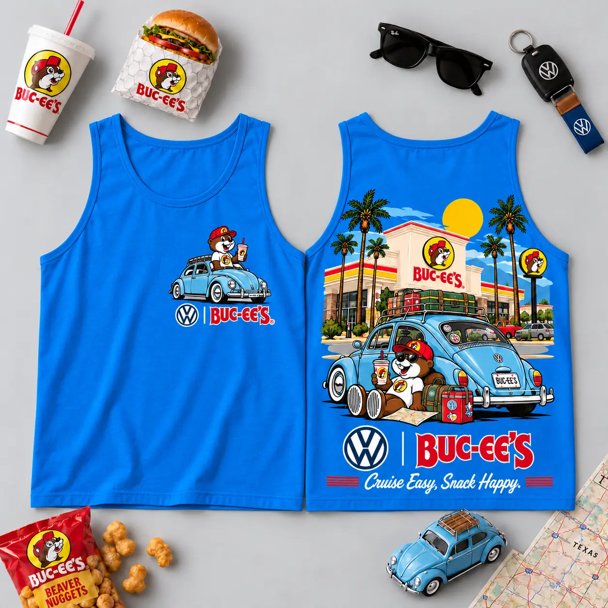 Buc-ee's Volkswagen Beetle Road Trip T-Shirt For Those Who Cruise Easy And Snack Happy NDN - Image 22