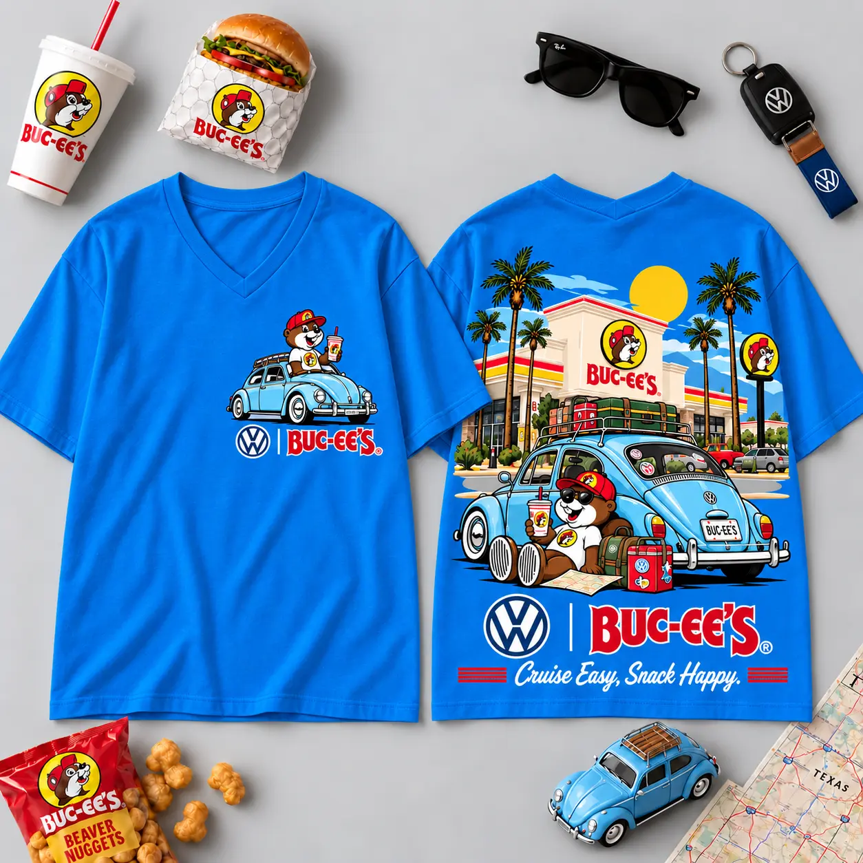 Buc-ee's Volkswagen Beetle Road Trip T-Shirt For Those Who Cruise Easy And Snack Happy NDN - Image 23