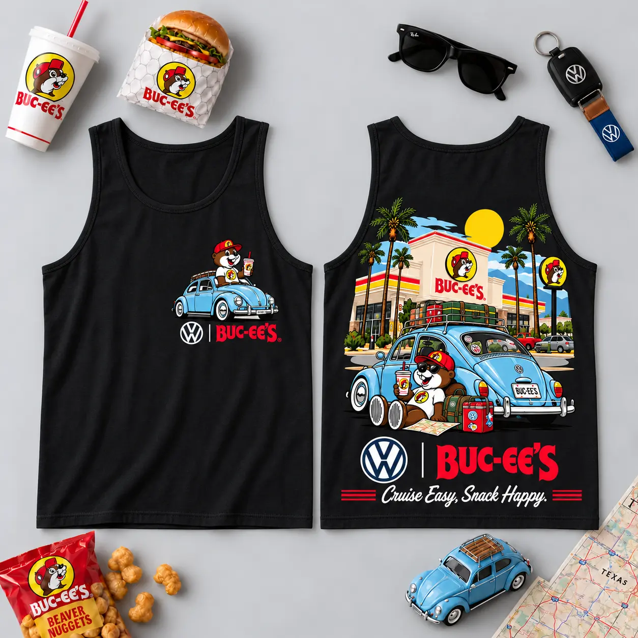 Buc-ee's Volkswagen Beetle Road Trip T-Shirt For Those Who Cruise Easy And Snack Happy NDN - Image 21