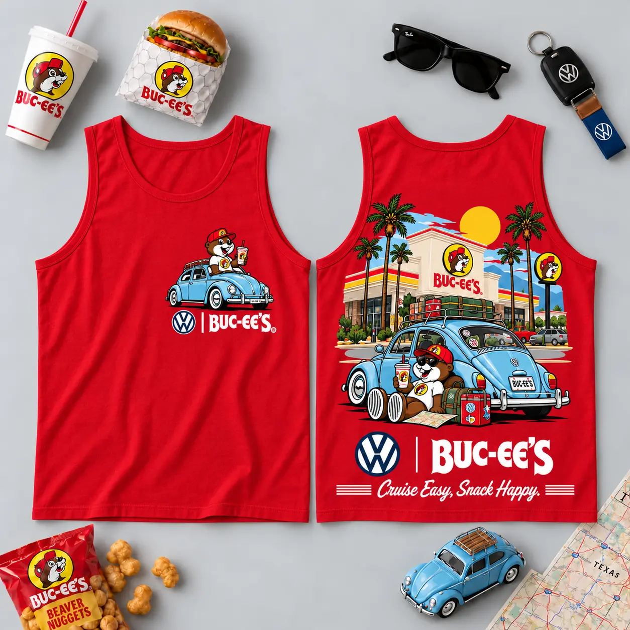Buc-ee's Volkswagen Beetle Road Trip T-Shirt For Those Who Cruise Easy And Snack Happy NDN - Image 18