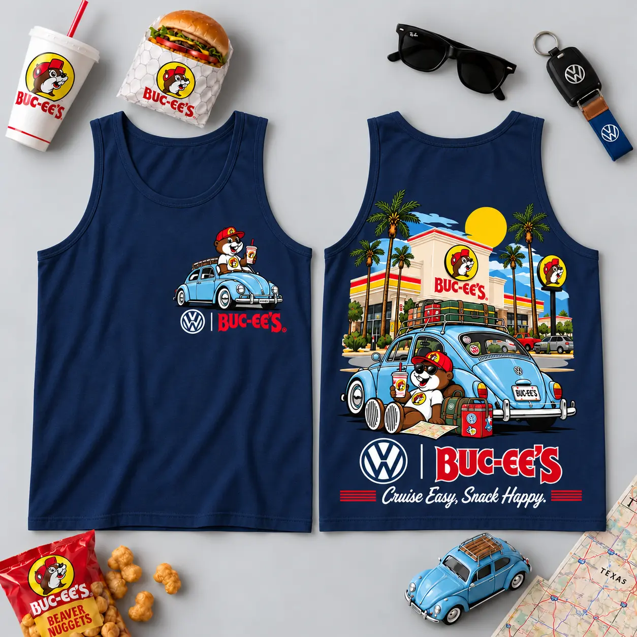 Buc-ee's Volkswagen Beetle Road Trip T-Shirt For Those Who Cruise Easy And Snack Happy NDN - Image 19