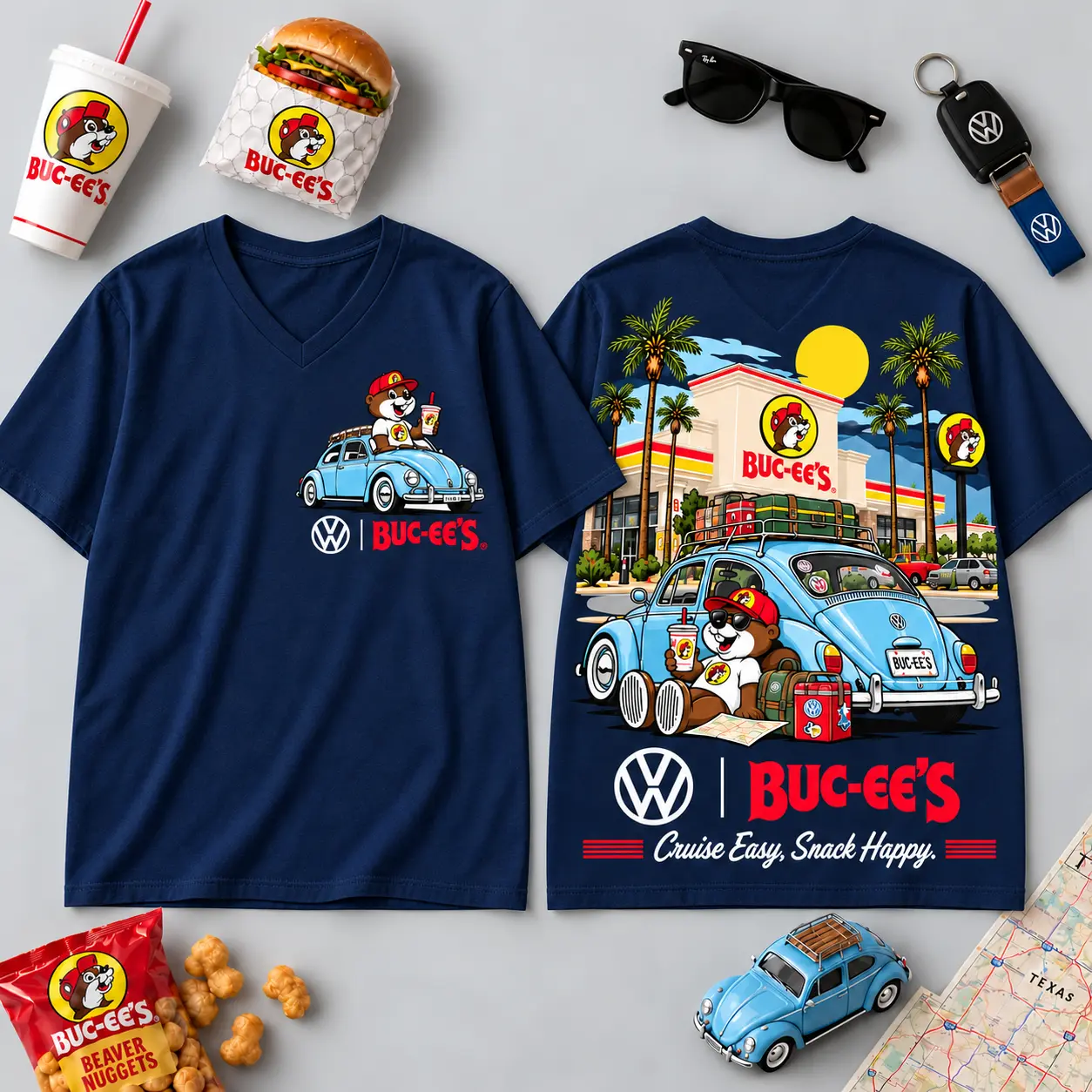 Buc-ee's Volkswagen Beetle Road Trip T-Shirt For Those Who Cruise Easy And Snack Happy NDN - Image 20