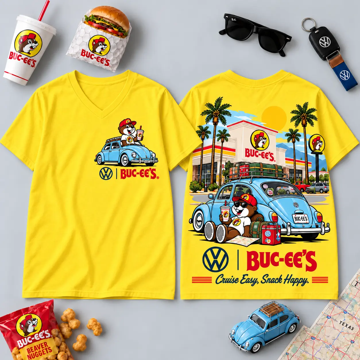Buc-ee's Volkswagen Beetle Road Trip T-Shirt For Those Who Cruise Easy And Snack Happy NDN - Image 17