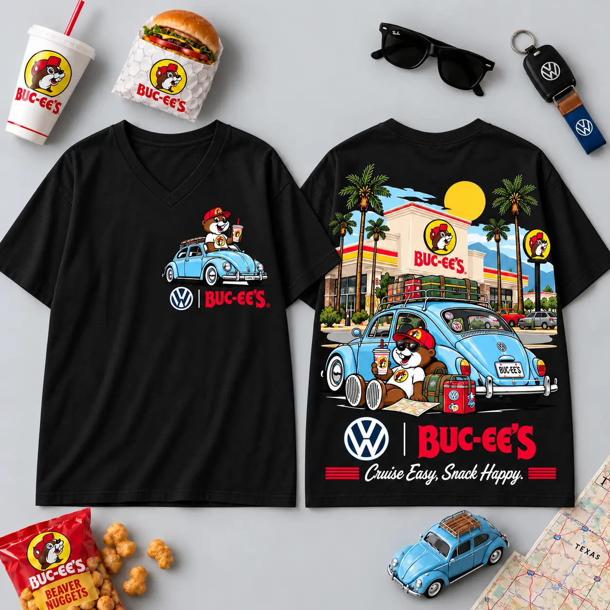Buc-ee's Volkswagen Beetle Road Trip T-Shirt For Those Who Cruise Easy And Snack Happy NDN - Image 15