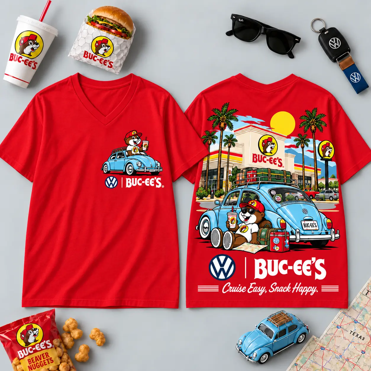 Buc-ee's Volkswagen Beetle Road Trip T-Shirt For Those Who Cruise Easy And Snack Happy NDN - Image 12