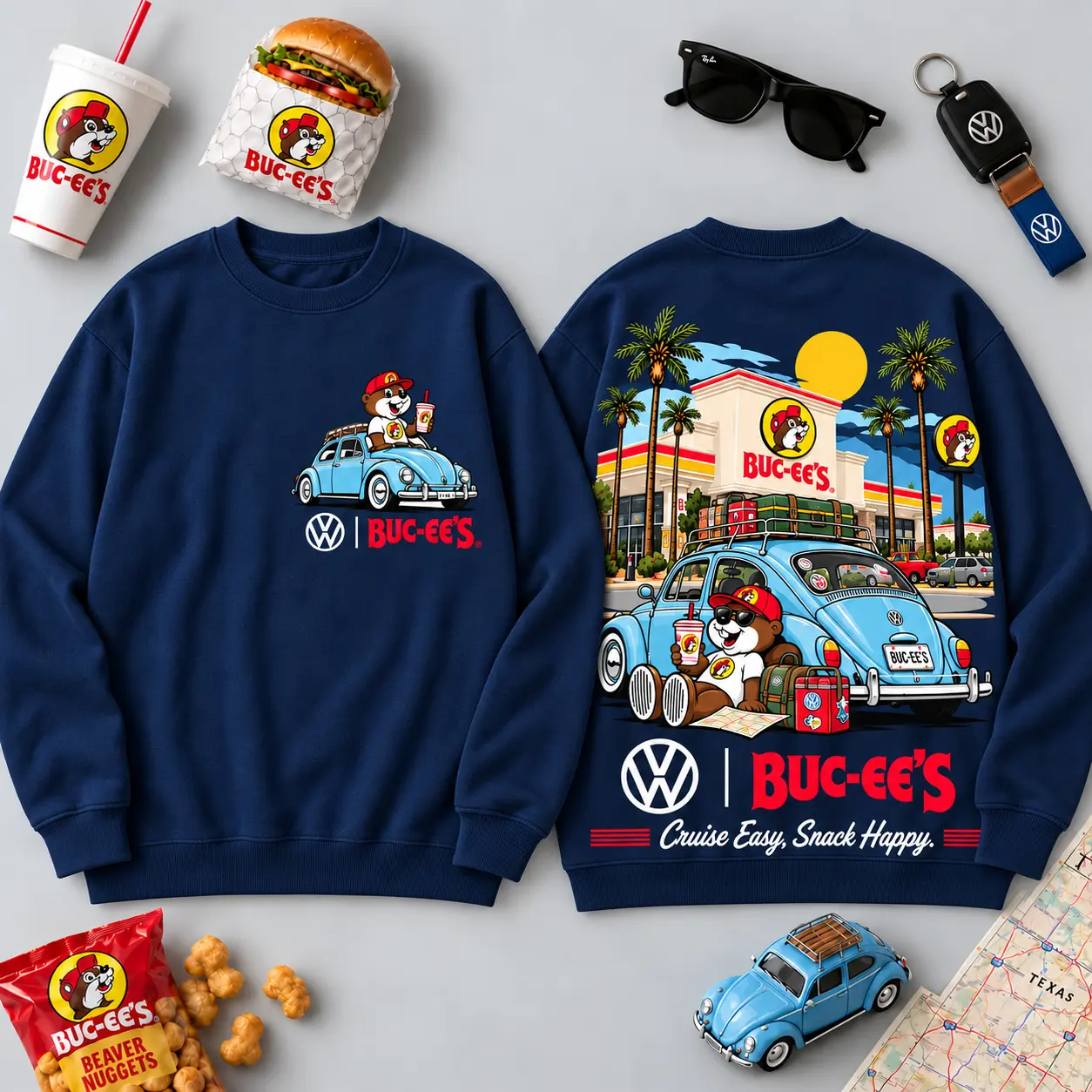 Buc-ee's Volkswagen Beetle Road Trip T-Shirt For Those Who Cruise Easy And Snack Happy NDN - Image 11