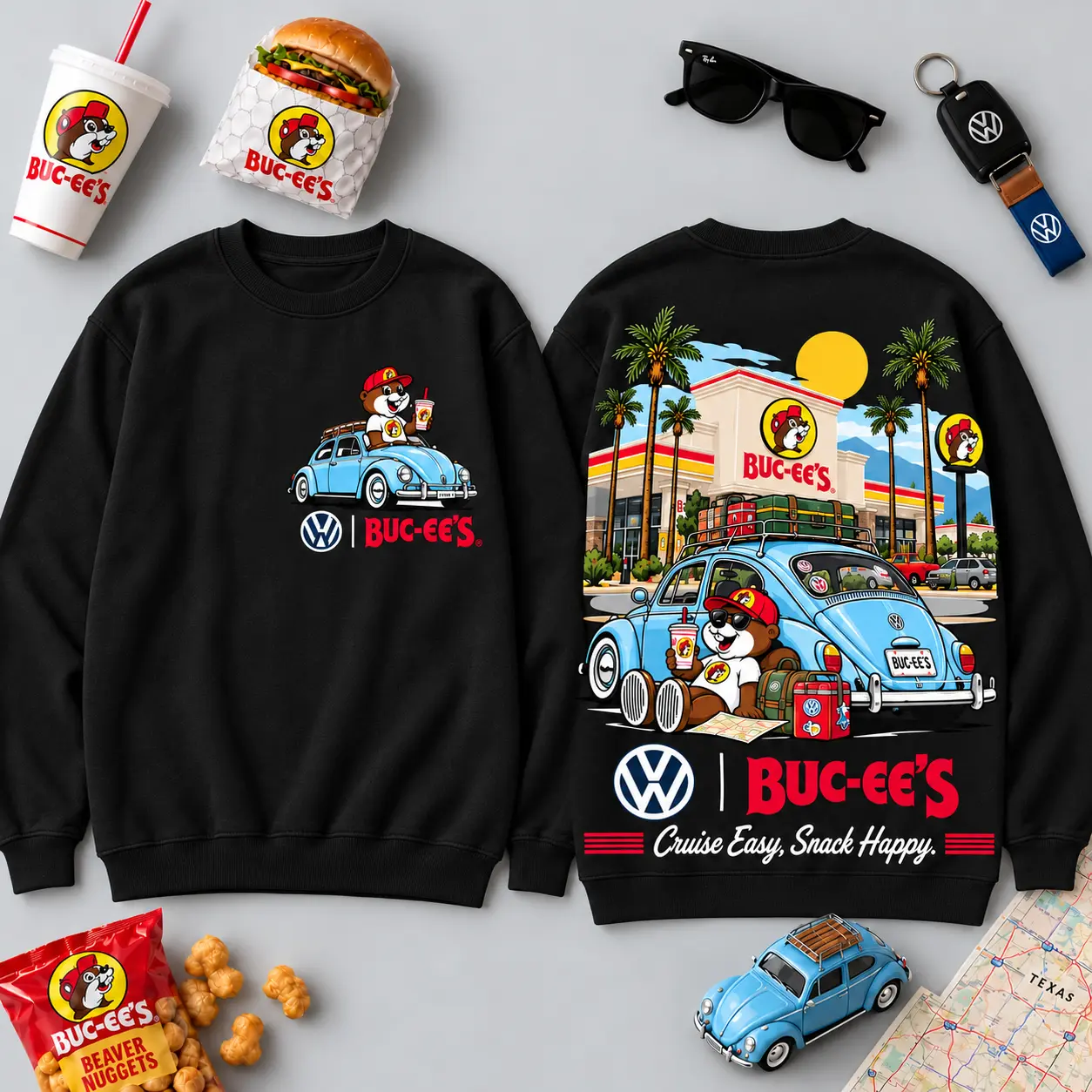Buc-ee's Volkswagen Beetle Road Trip T-Shirt For Those Who Cruise Easy And Snack Happy NDN - Image 10