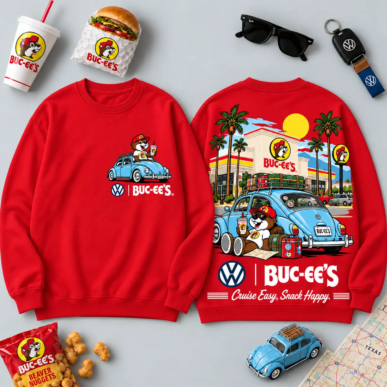 Buc-ee's Volkswagen Beetle Road Trip T-Shirt For Those Who Cruise Easy And Snack Happy NDN - Image 9