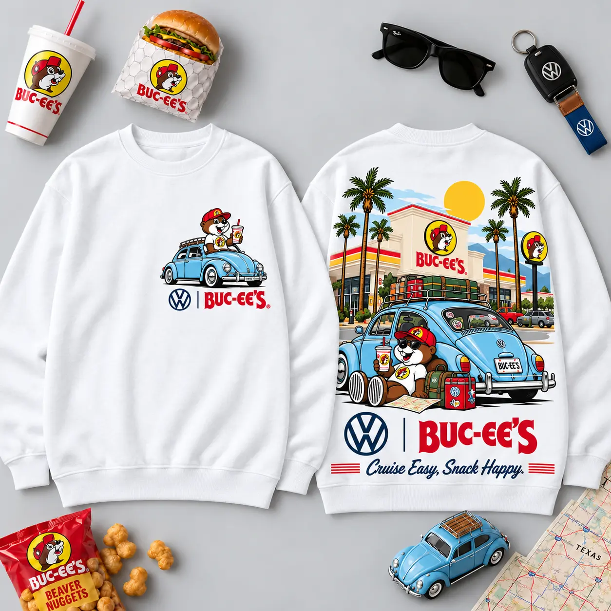 Buc-ee's Volkswagen Beetle Road Trip T-Shirt For Those Who Cruise Easy And Snack Happy NDN - Image 5
