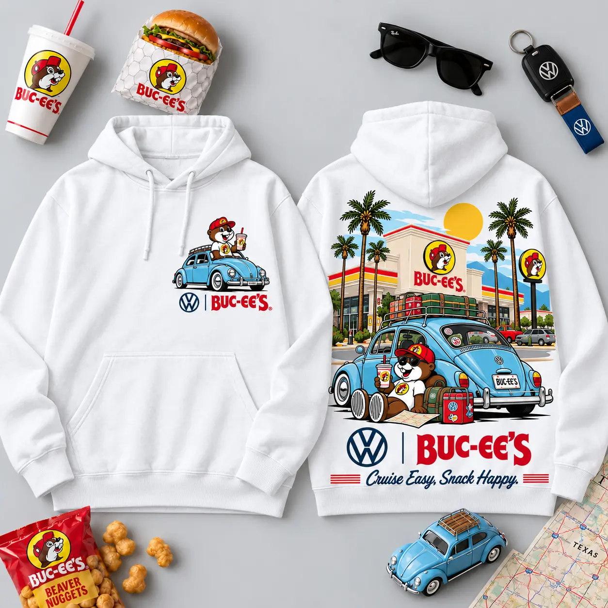Buc-ee's Volkswagen Beetle Road Trip T-Shirt For Those Who Cruise Easy And Snack Happy NDN - Image 4