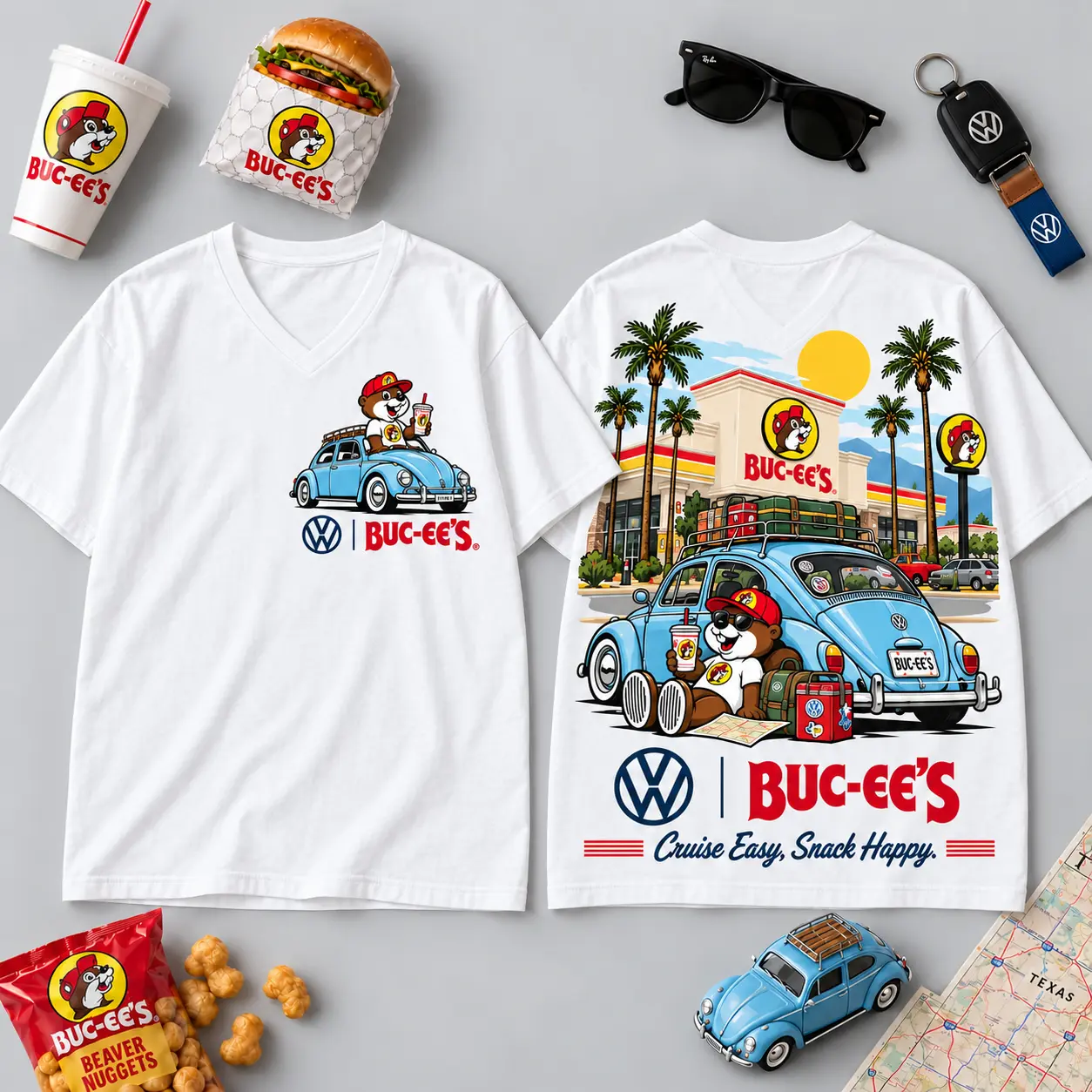 Buc-ee's Volkswagen Beetle Road Trip T-Shirt For Those Who Cruise Easy And Snack Happy NDN - Image 3