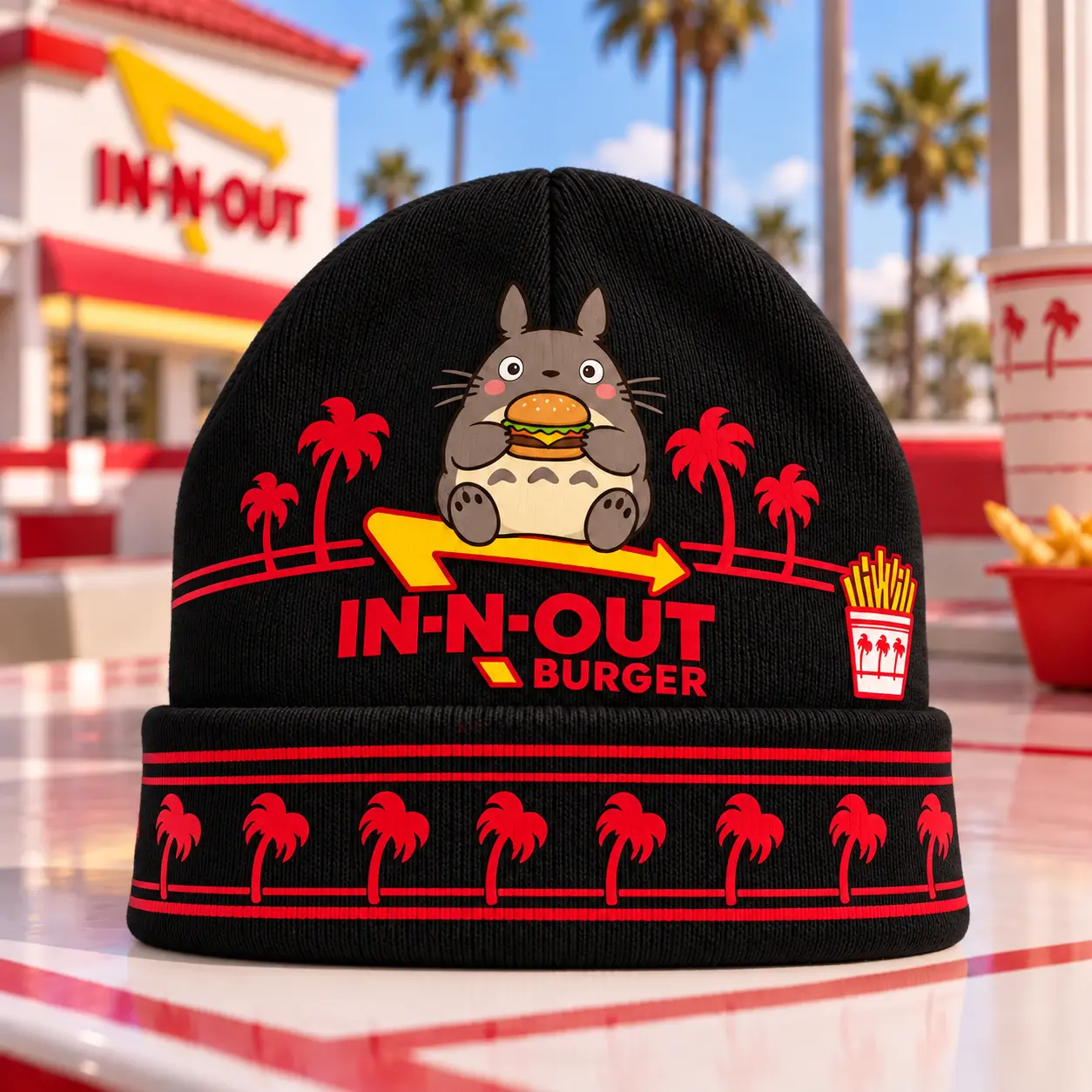 My Neighbor Totoro Forest Spirit IN-N-OUT Burger & Red Palm Tree Knit Beanie NDN - Image 4
